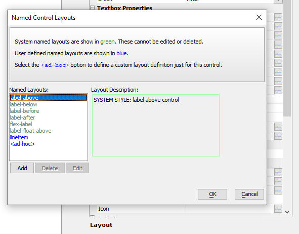 A dialog showing available named layout styles, including system and user-defined styles.